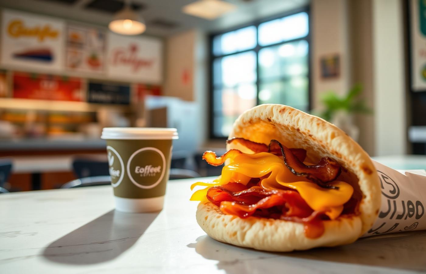 A bacon, egg and cheese flatbread with a coffee cup on a bright restaurant counter