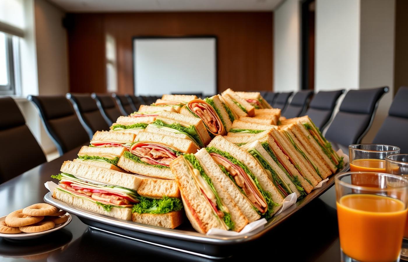 A large platter of assorted sandwich halves set out on an office boardroom table