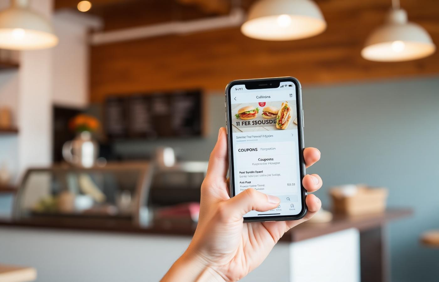 A phone showing a restaurant app with coupon offers in front of a sandwich shop counter