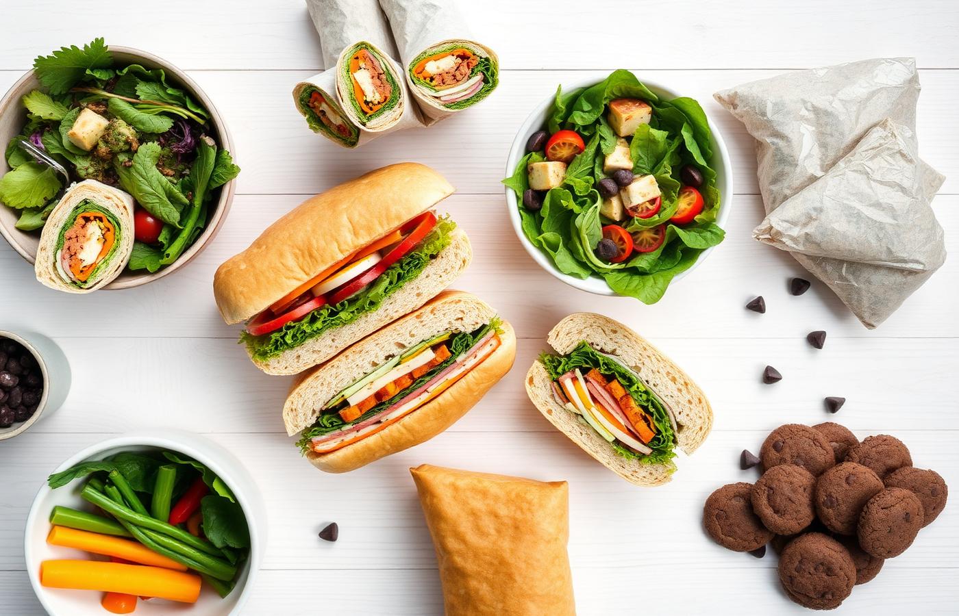 Overhead view of Subway-style subs, wraps, a salad bowl, veggies and cookies on a table