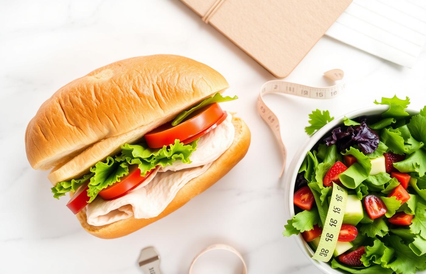 A turkey sub beside a bowl of fresh salad greens and a measuring tape