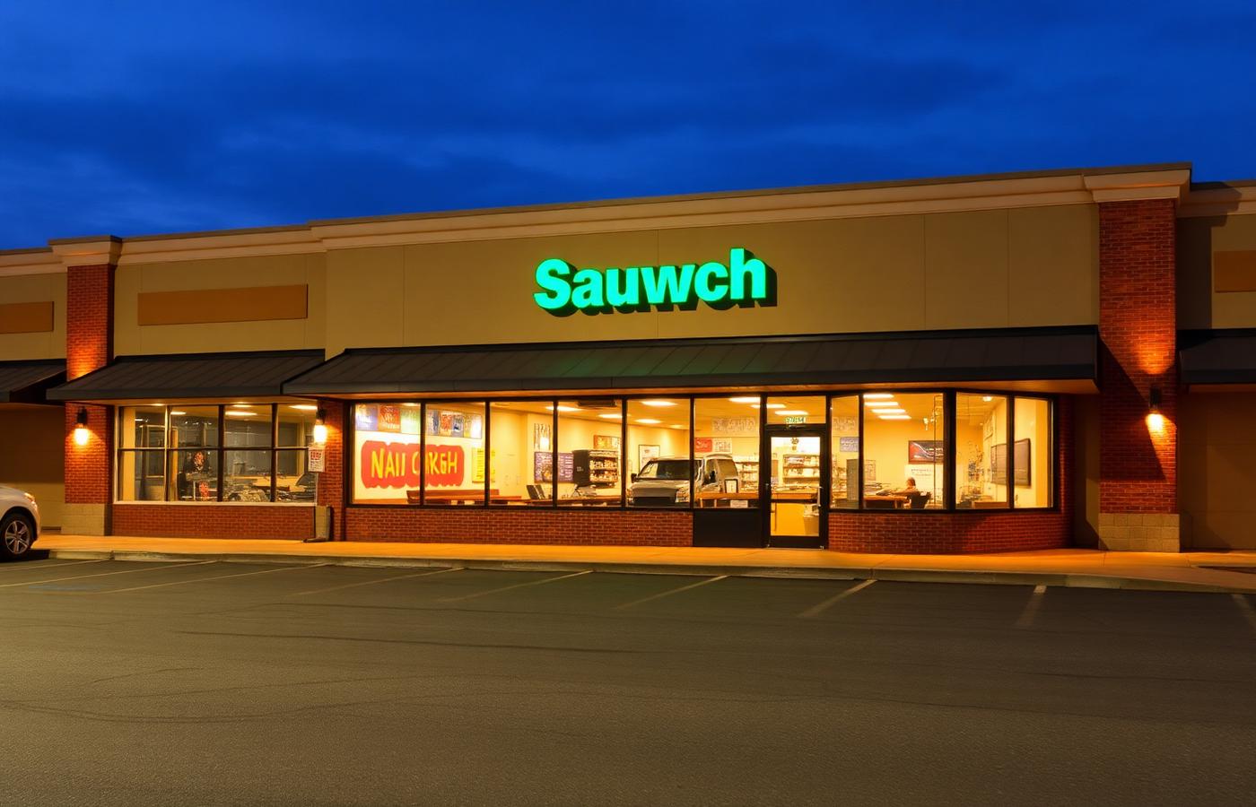 A sandwich restaurant storefront in a US strip mall lit up at dusk